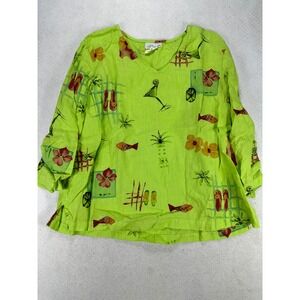 Hot Cotton Womens XL Linen V-Neck Top Lime Green Tropical Martini Print Blouse